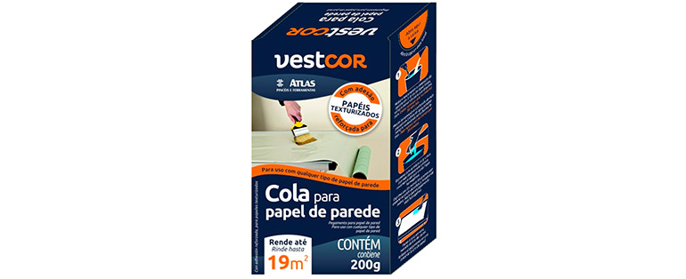 Embalagem na cor azul de cola em pó para aplicação de papel de parede da marca VestCor.