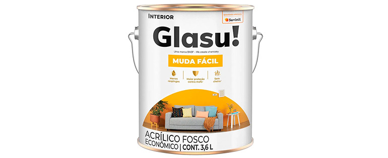 Lata de tinta acrílica da marca Glasul com embalagem com especificações do produto. 